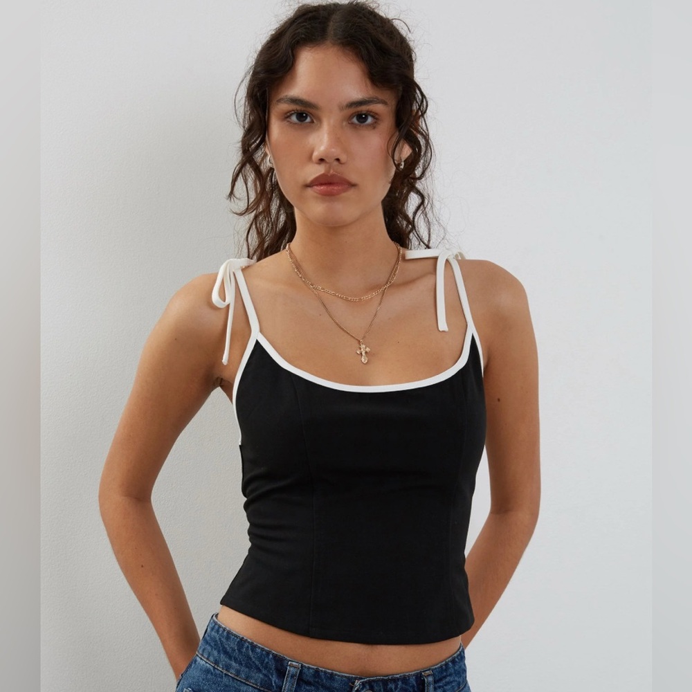 Motel Rocks Black Tank Top with White Trim and Tie Straps